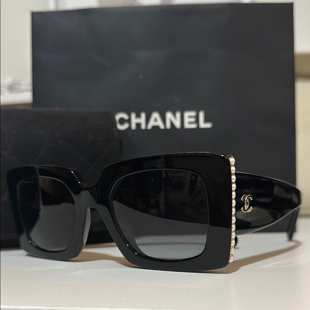 CHANEL Black Pearl-Trim Oversized Square Sunglasses